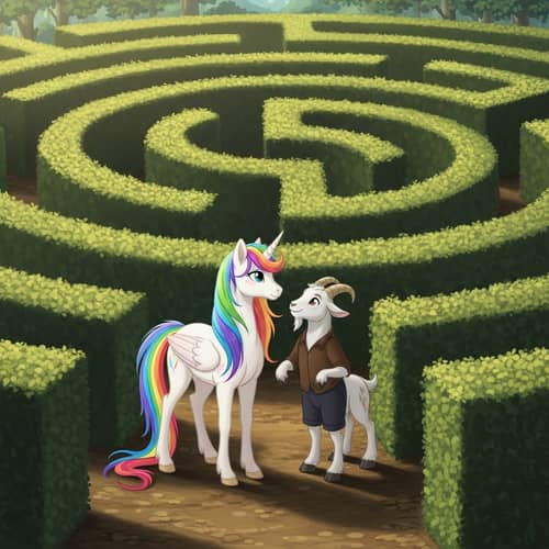 Sparkle the White Unicorn and Hooves the Friendly Goat in Labyrinth Forest Maze