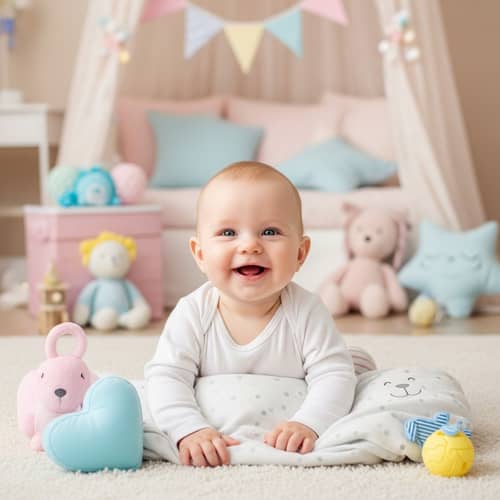 Adorable Caucasian Baby Smiling Joyfully | Cozy Children Decor