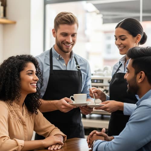 Cafe Interactions: Diverse Customers Engage with Welcoming Staff