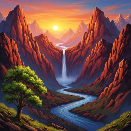 Scenic Red Mountains with Waterfall and Blue River