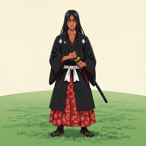 Anime Houseki no Kuni Inspired Character Art | Long Black Hair, Katana, Red Robe