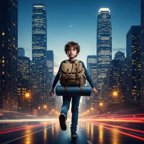 Young Boy Stepping Out of Urban Cityscape | Adventure Scene