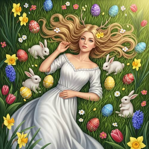 Sensual Goddess in Dreamy Spring Scene with Bunnies and Colorful Eggs