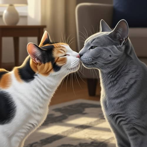Adorable Cats Kissing: Calico & Russian Blue in Loving Pose