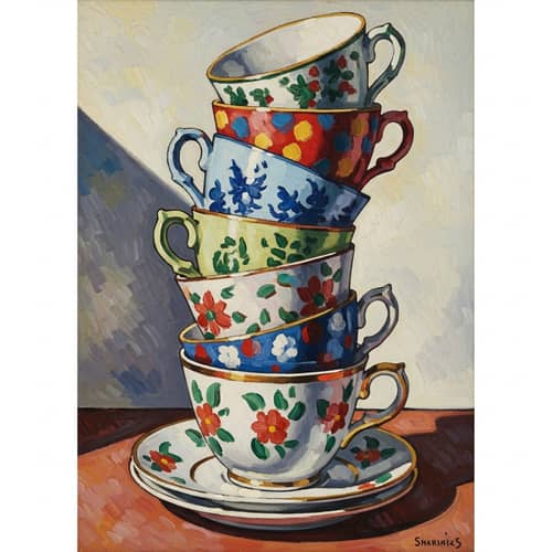 Colorful Teacups Still Life | Fauvism Art Style