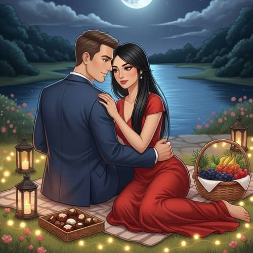 Romantic Couple Enjoying Moonlit Night by the River