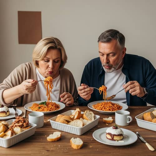 Happy Middle-aged Couple Enjoying Hearty Meal of Spaghetti and Desserts