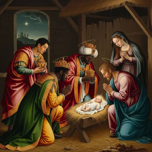 Three Wise Men Worshiping Infant in Manger Painting