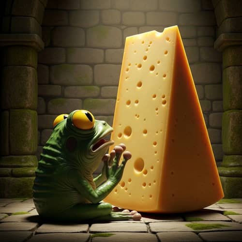 Cheese Worship - Whimsical Frog Character Praying to Oversized Cheese