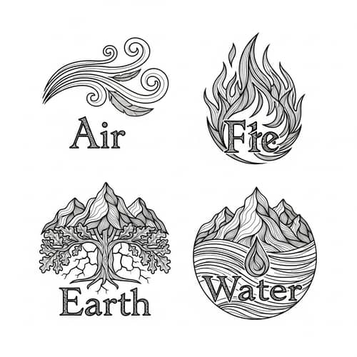 Intricate Set of Elemental Symbols: Air, Fire, Earth, Water