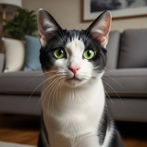 Domestic Housecat with Black and White Fur | Green Eyes