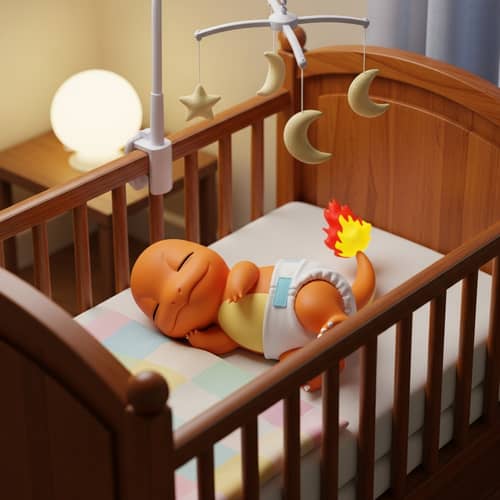 Adorable Charmander Pokemon Sleeping in Diaper in Crib
