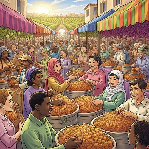 Fair Trade Raisins: Vibrant Marketplace Scene Illustration
