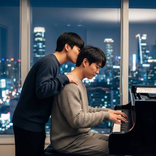 Asian Men Piano Serenade in Urban Setting | Realism Art