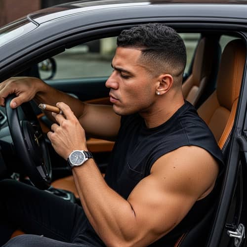 Luxurious Sports Car Photoshoot with Muscular Man Enjoying a Cigar