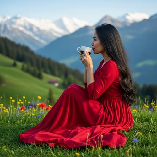 Filipino Lady in Red Dress Enjoying Swiss Summer Landscape