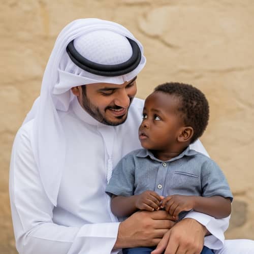 Tender Middle-Eastern Man with Admiring Black Boy