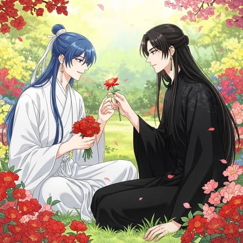 Manhwa Style Garden Scene: Young Men with Blue and Black Hair
