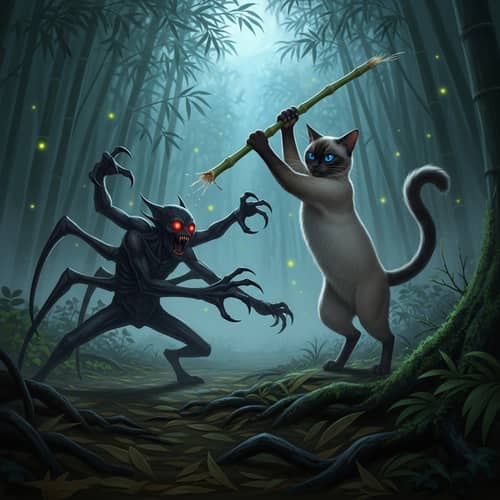 Cat Battling Monster with Bamboo Stick