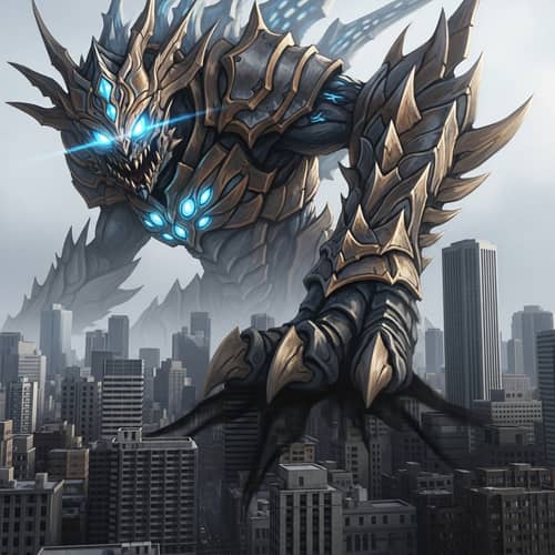 Colossal Mythical Creature Crushes Urban Skyline