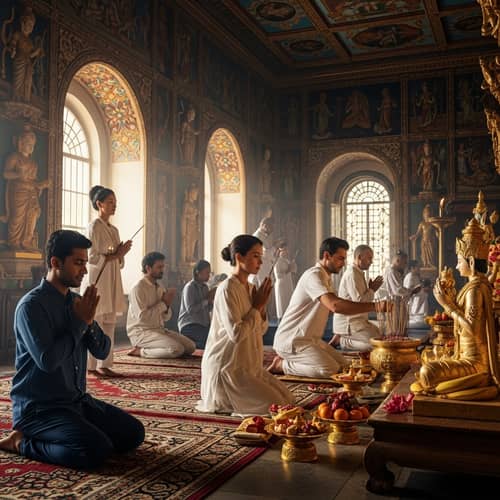 Diverse Group Worshipping at Serene Temple | Exquisite Rituals