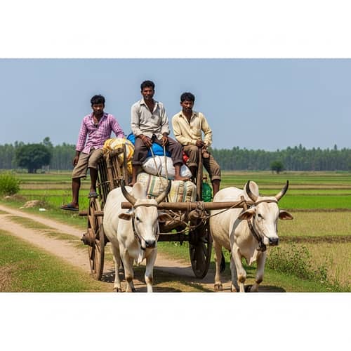 South Asian Men Riding Bull Cart Through Rural Setting