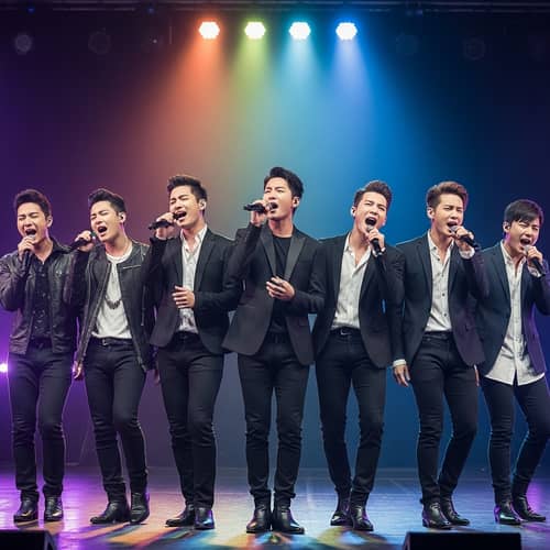 Passionate South Korean Men Singing Harmoniously in Stylish Outfits