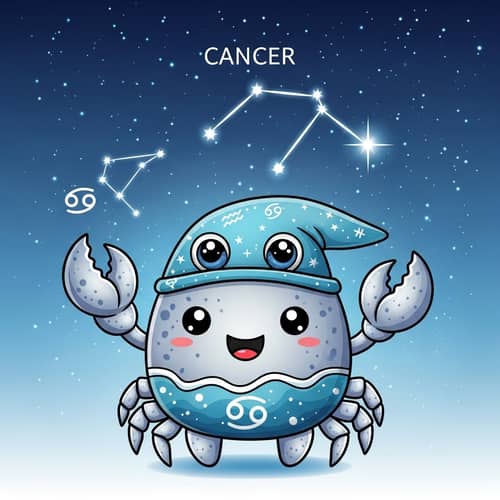 Adorable Zodiac Sign Cancer Mascot in Lunar Silver and Sea Blue