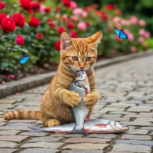 Tabby Cat Enjoying Fish Meal on Cobblestone Path