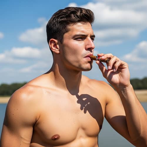 Strong Physique Footballer Enjoying Cigar