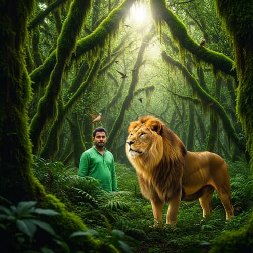South Asian Man in Vibrant Green Shirt Encounters Majestic Lion in Jungle