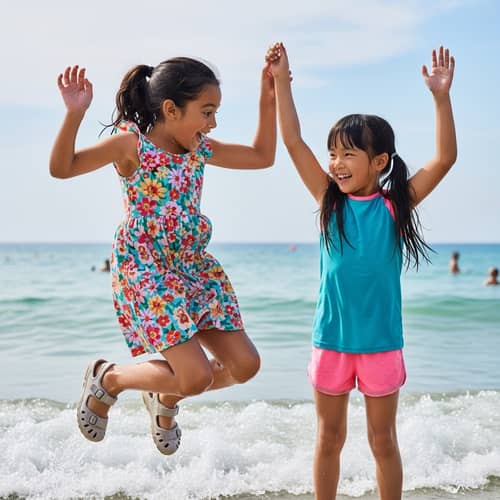 Excited 10-Year-Old Girl in Hispanic Dress with Asian Sister
