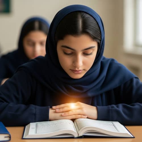 Middle-Eastern Female Student Reading Holy Quran | School Desk Scene