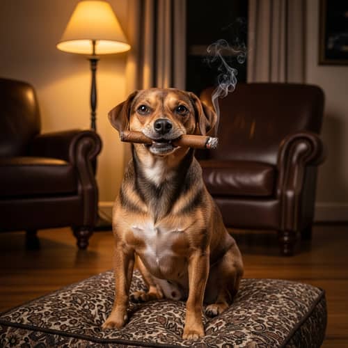 Humorous Brown Dog with Cigar on Plush Cushion