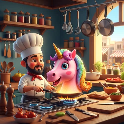 Imaginary Middle-Eastern Chef Cooking Pink Unicorn Dish
