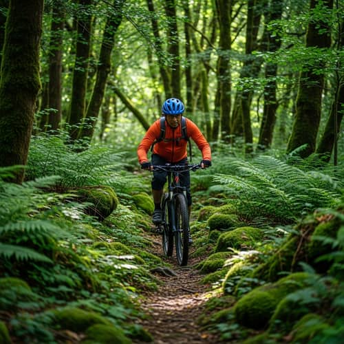 Cyclist Riding Through Lush Forest | Outdoor Adventure