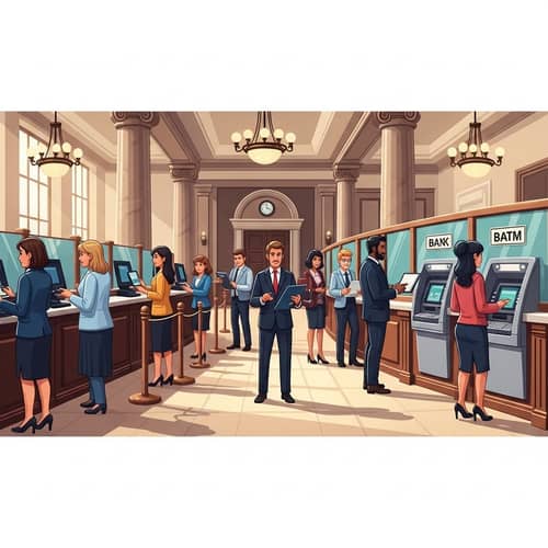 Traditional Bank Scene Illustration with Diverse Patrons