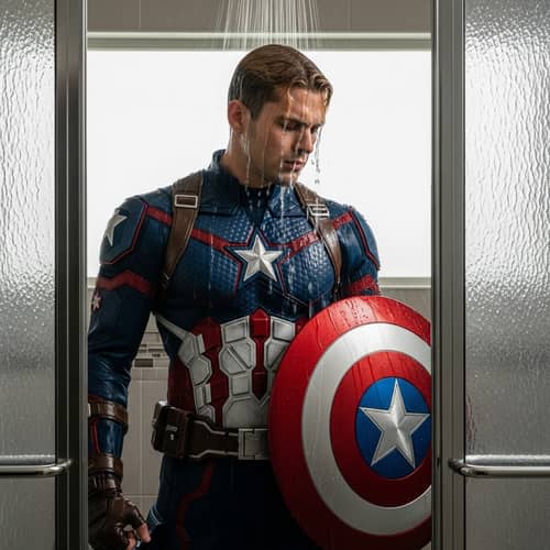 Thoughtful Male Athlete in Star-Spangled Costume Shower Scene