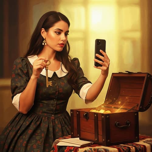 Vintage Beauty with Golden Key by Open Treasure Chest
