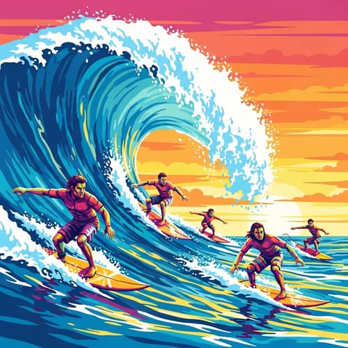 Diverse Surfers Riding Wave in Pop Art Style