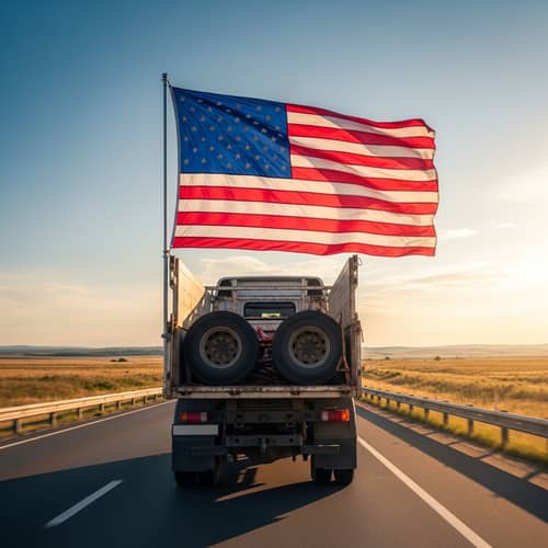 Powerful Truck on Highway with American Flag | Adventure Ahead