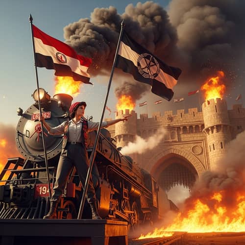 1942 Middle-Eastern Woman Directs Locomotive Amidst Fire and Smoke