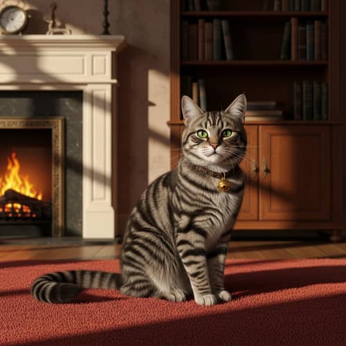 Tabby Cat Sitting on Plush Red Carpet | Cozy Home Interior