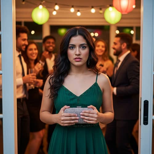 Hispanic Woman Arriving at Party with Uncertain Expression | Event Scene