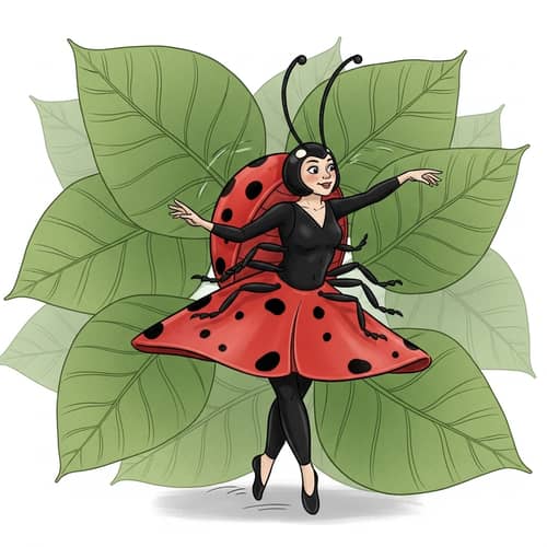 Vibrant Ladybug Dancing Among Leaves | Unique Nature Illustration