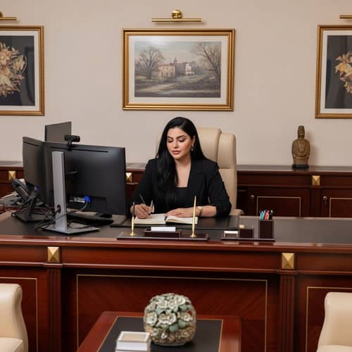 Plus-Size Middle-Eastern Woman in Black Elegance at Luxury Office