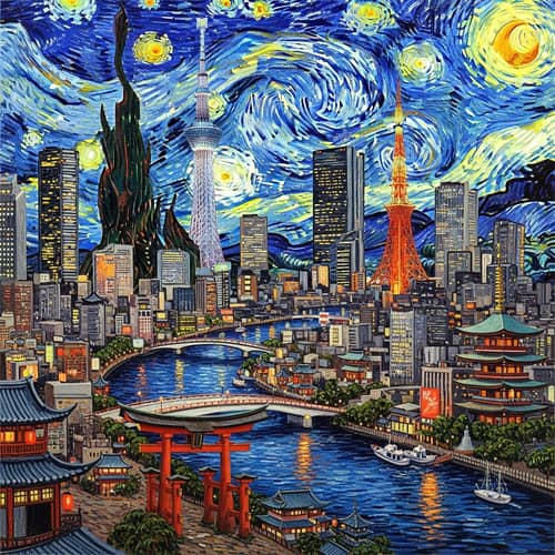 Stylish Future Tokyo with Van Gogh-Inspired Impressionism