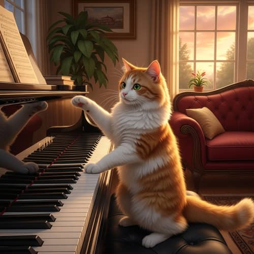 Fluffy Orange and White Cat Playing Grand Piano - Quirky Musical Scene