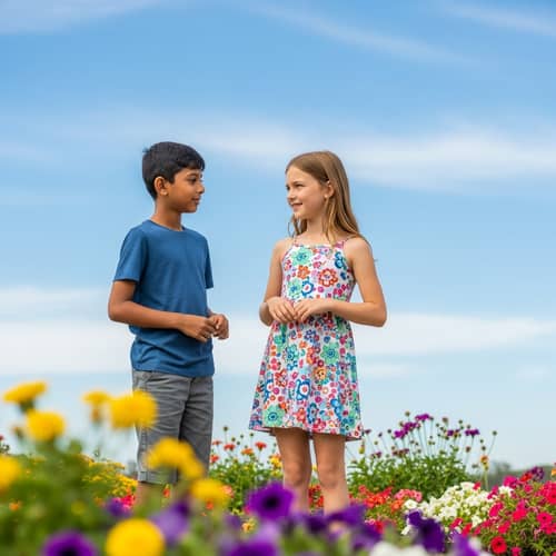 Friendly Conversation Between South Asian Boy and Caucasian Girl Outdoors