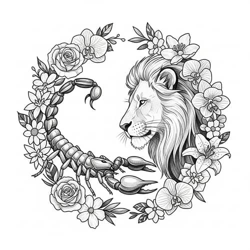 Scorpion and Lion Love: Romantic Black and White Tattoo with Flowers